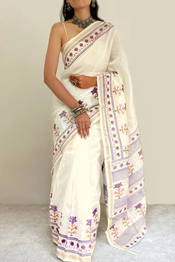 Vanyaa Purple and Off White Block Print Chanderi Silk Saree