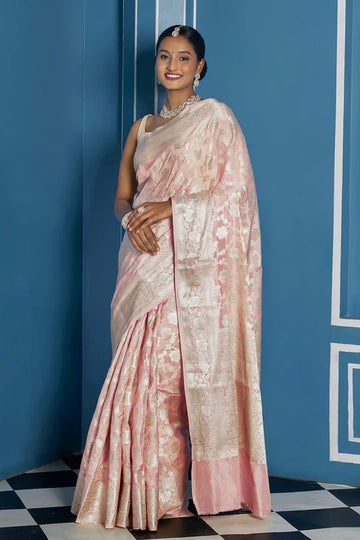 Viya Light Pink Banarasi Semi Georgette Jaal Weaving Saree