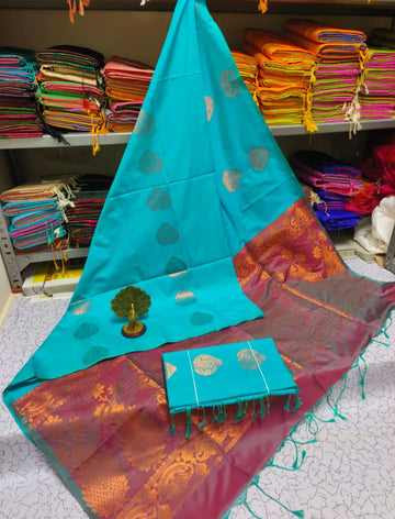Sea Blue and Pink Kanjivaram Soft Silk Sarees