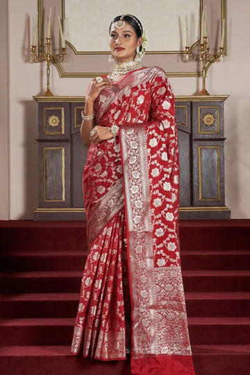 Vrusthi Red Banarasi Semi Georgette Jaal Weaving Saree