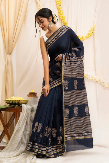 Dhalti Sham Navy Blue Block Print Chanderi Silk Saree