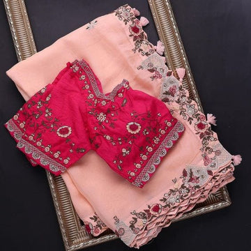 Pink Colour Rangoli Silk Embroidery Work Saree With Blouse