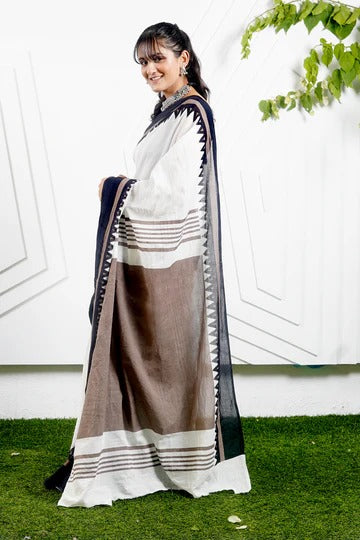 Moonlight White & Brown Print Mulmul Cotton Saree