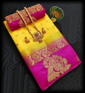 yellow and pink Colored kanjivaram silk Saree
