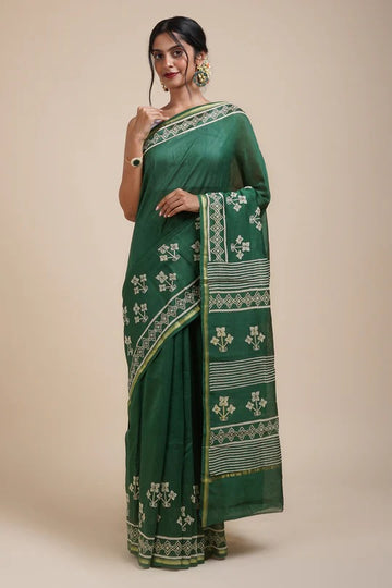 Green Chilli Bottle Green Block Print Chanderi Silk Saree