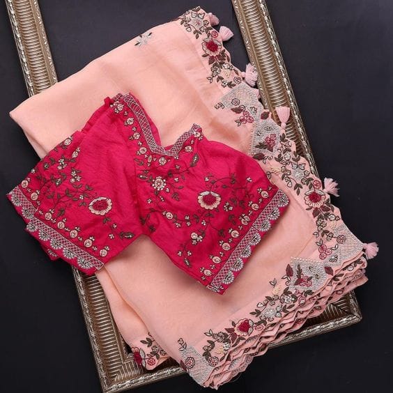 Pink Colour Rangoli Silk Embroidery Work Saree With Blouse
