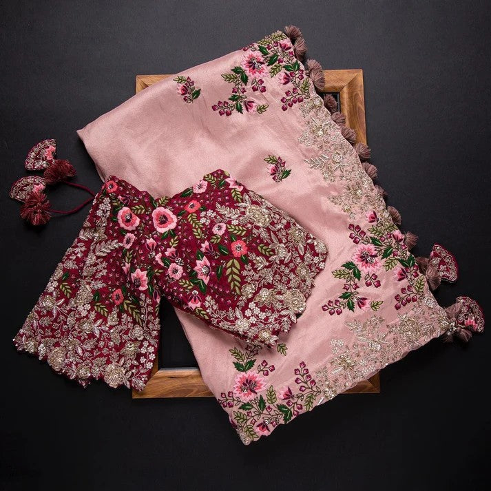 Pink Colour Rangoli Silk Embroidery Work Saree With Blouse