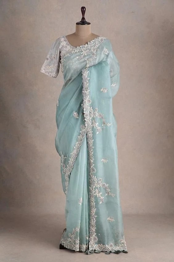 Mint Blue Thread Embroidered Organza Saree With Blouse